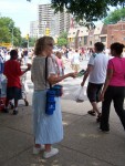 Linda Beckman handing out Gospel tracts.